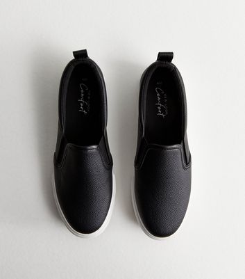 Black Leather-Look Slip On Trainers New Look