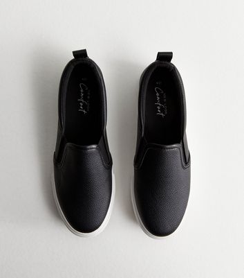 Black Leather Look Slip On Trainers New Look