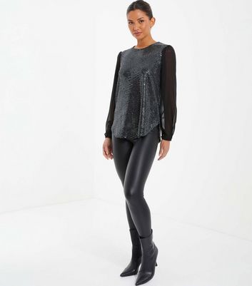 QUIZ Black Sequin Sheer Sleeve Boxy Top New Look
