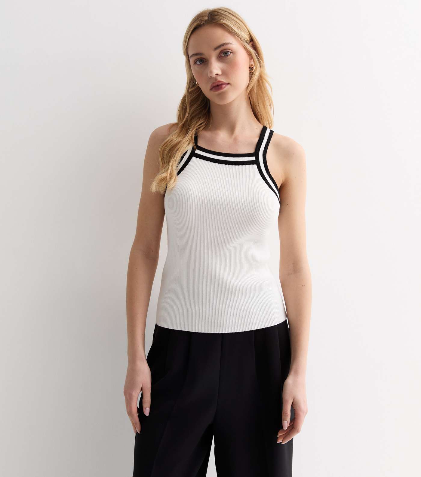 White Ribbed Contrast Vest Image 2