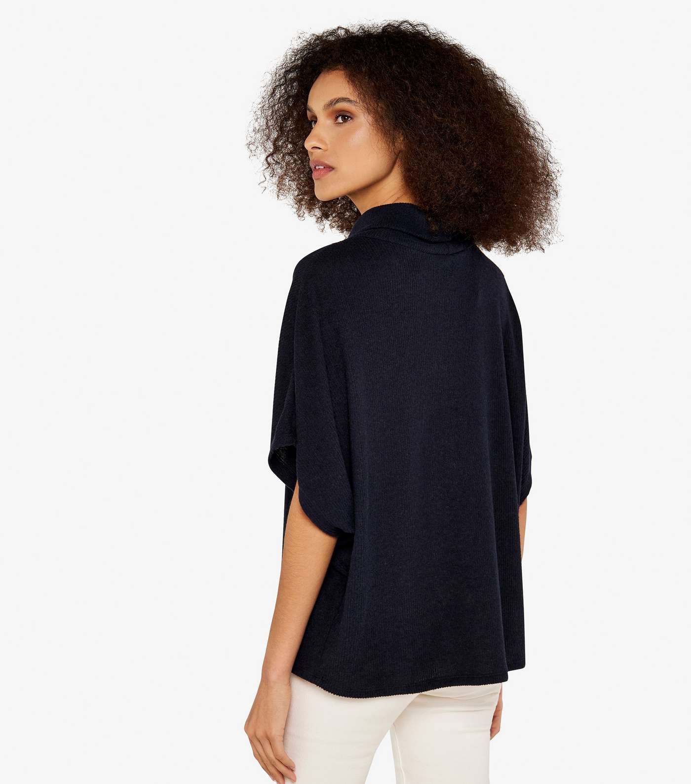 Apricot Navy Ribbed Knit Roll Neck Short Sleeve Jumper Image 3