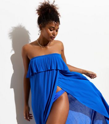 Bright Blue Bandeau Ruffle Maxi Beach Dress New Look