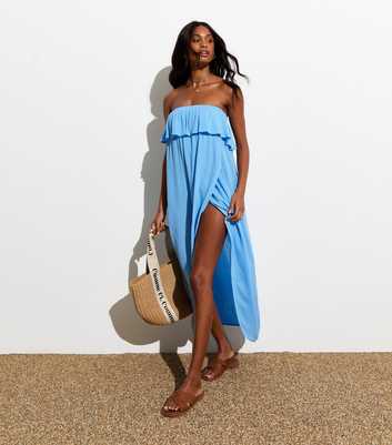 Light Blue Bandeau Ruffle Maxi Beach Dress