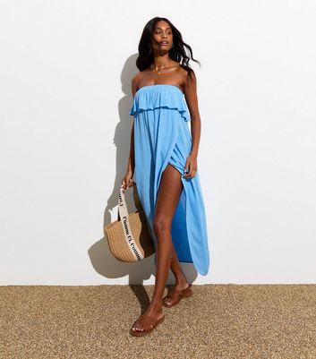 Light Blue Bandeau Ruffle Maxi Beach Dress | New Look