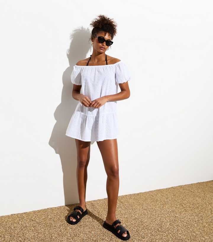 White Broderie Anglaise Bardot Beach Mini Dress