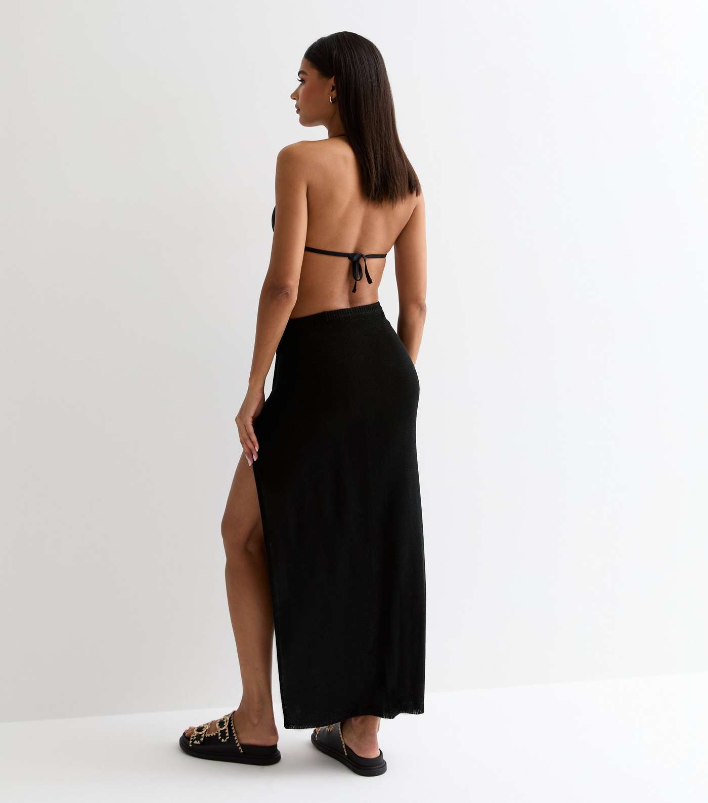 Black Knit Wrap Maxi Beach Skirt Image 4