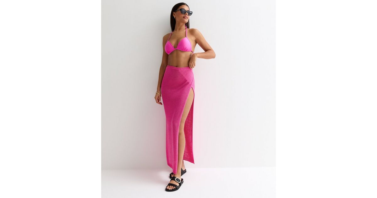 Bright Pink Knit Wrap Maxi Beach Skirt New Look