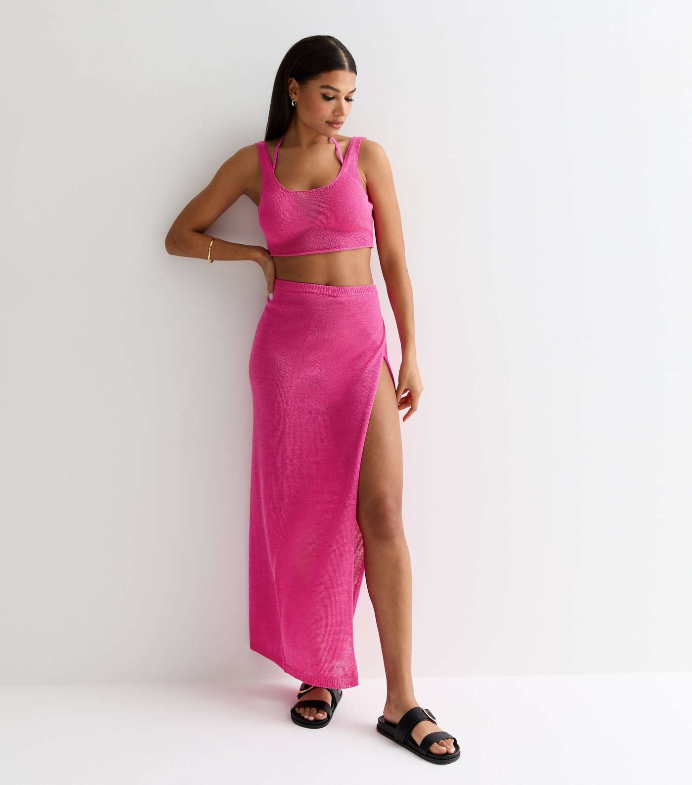 Bright Pink Knit Wrap Maxi Beach Skirt Image 3