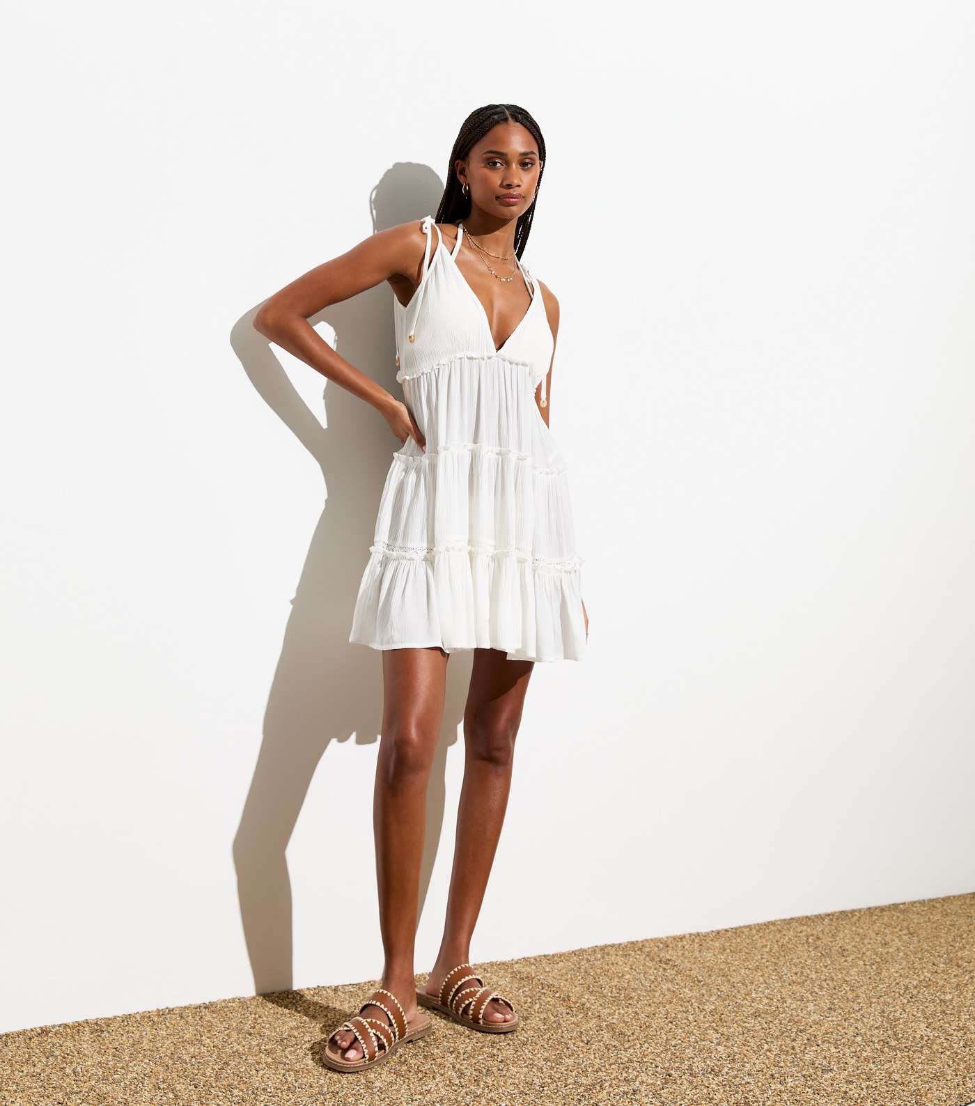 White Crinkle Tiered Mini Beach Dress Image 3