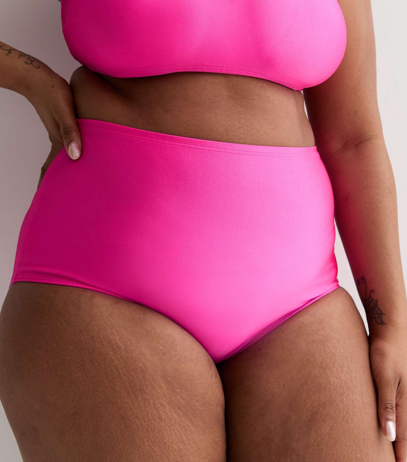 Curves Bright Pink High Waist Bikini Bottoms Image 3