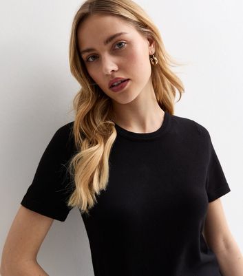 Black Short Sleeve Knitted T-Shirt New Look