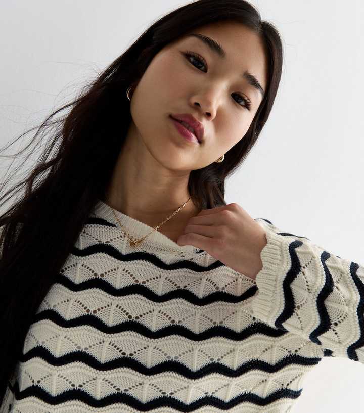 White Wavy Stripe Stitch Knit Jumper | New Look