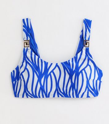 Curves Blue Line Print Scoop Bikini Top New Look