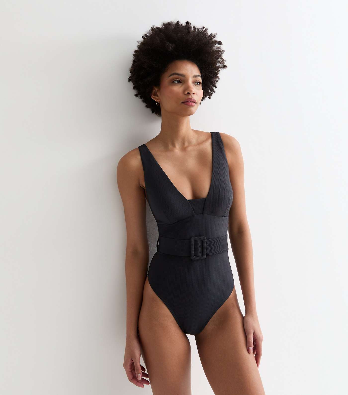 Tall Black Textured Plunge Belted Swimsuit