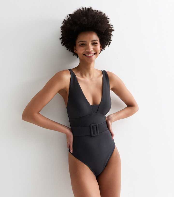 Black Textured Cut Out Belted Swimsuit