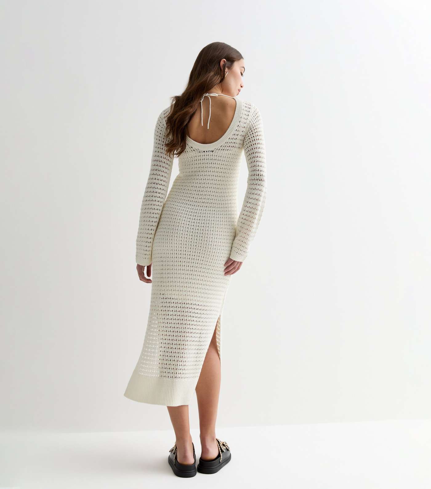 Cream Pointelle Stitch Knit Split Hem Maxi Dress Image 4