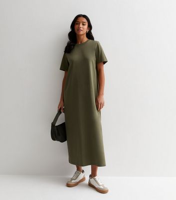 Petite Khaki Cotton T Shirt Midi Dress New Look