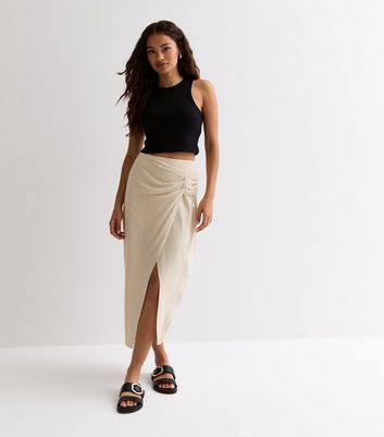 Petite Stone Linen-Look Wrap Midi Skirt New Look