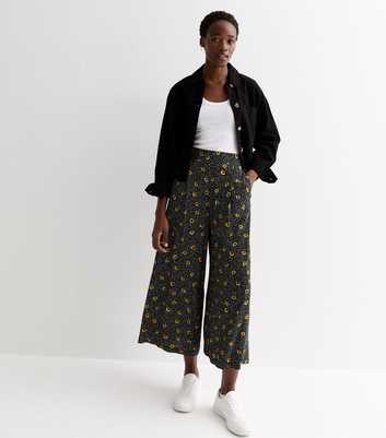 Tall Black Sunflower Spot Print Wide Leg Crop Trousers