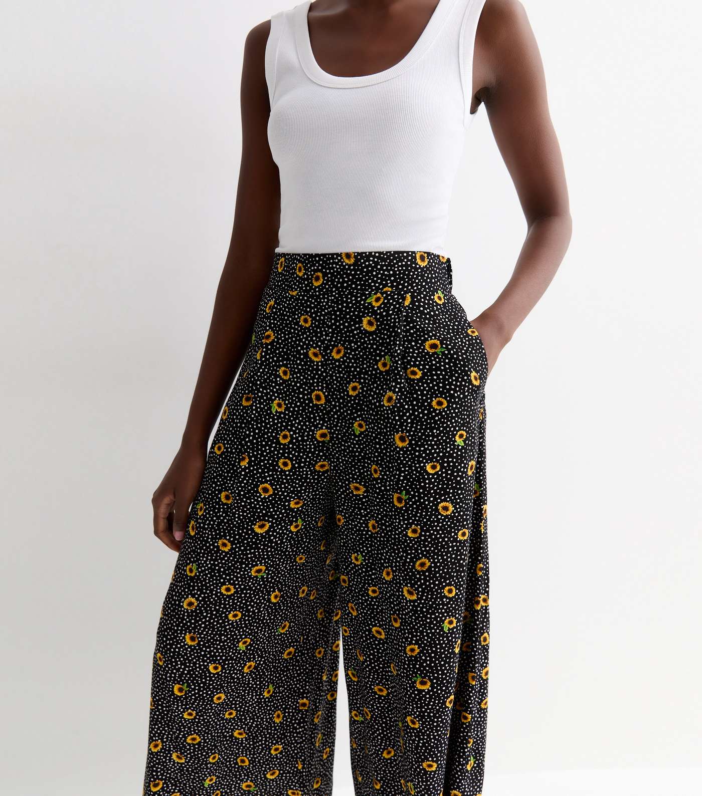 Tall Black Sunflower Spot Print Wide Leg Crop Trousers Image 3