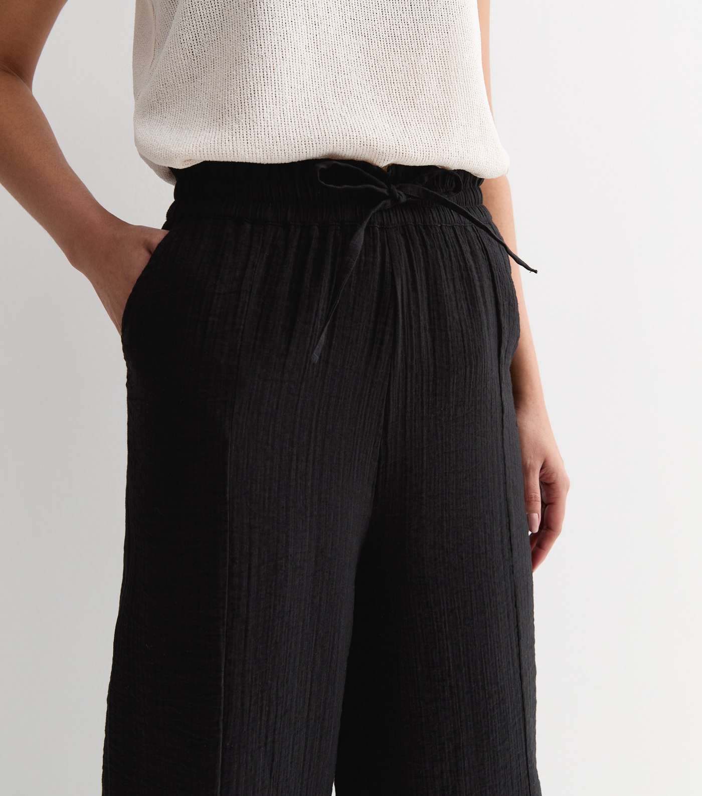 Tall Black Crinkle Textured Wide Leg Trousers Image 2