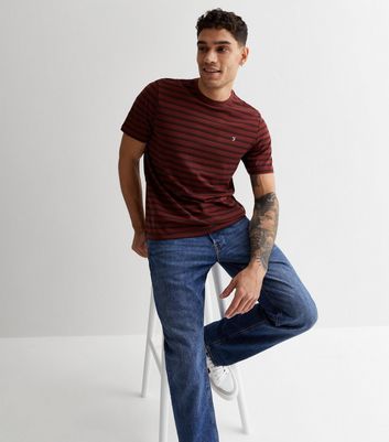 Men's Farah Burgundy Stripe Cotton Short Sleeve T-Shirt New Look