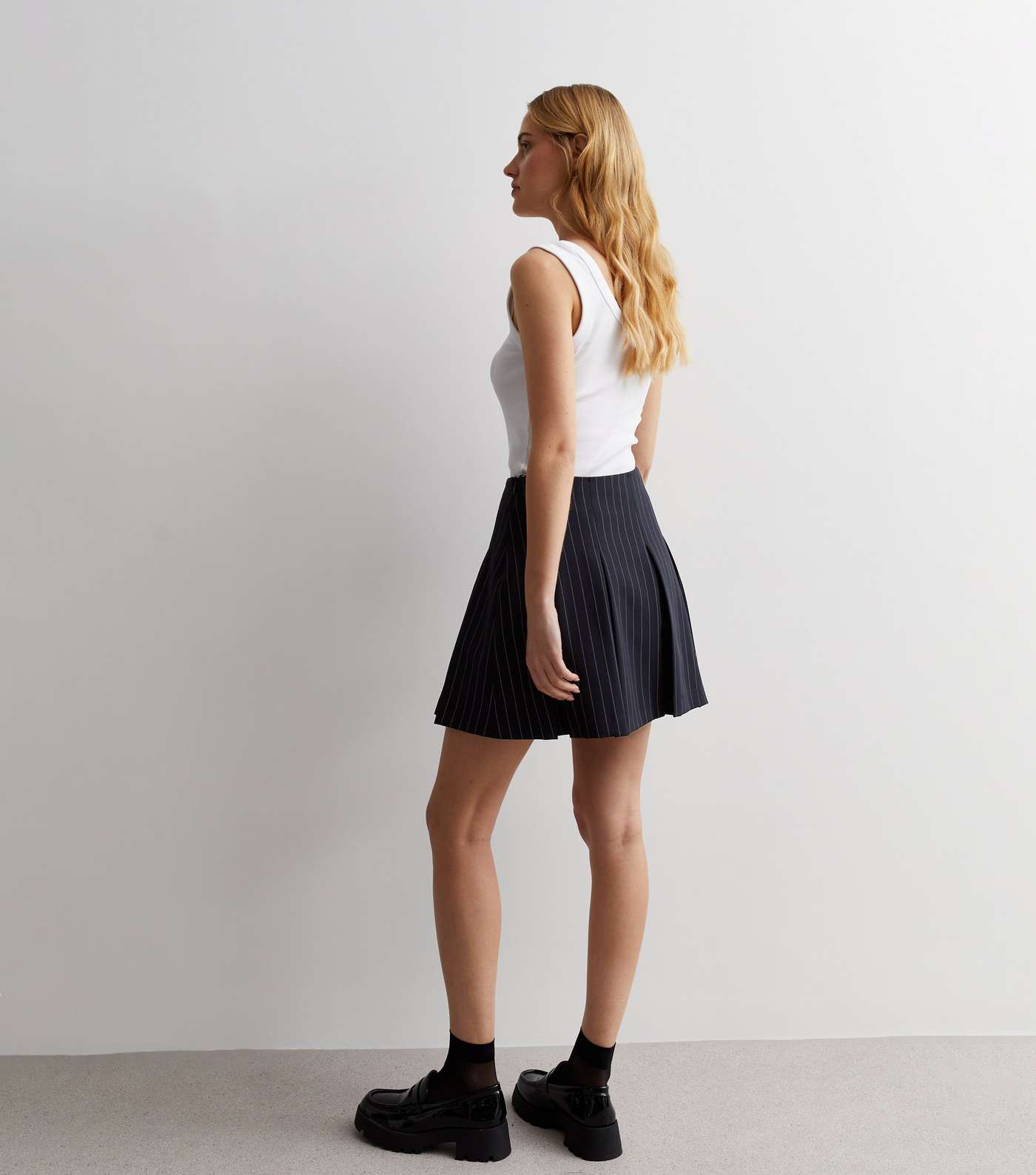 Black Pinstripe Pleated Mini Skirt Image 4