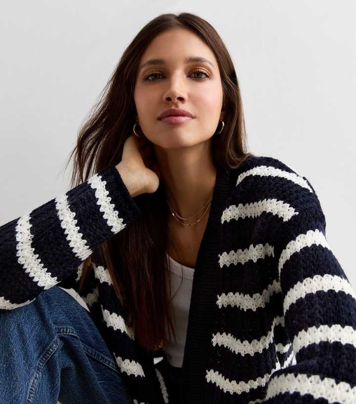 Navy Stripe Moss Stitch Boxy Cardigan