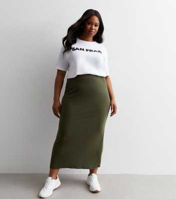 Curves Khaki Ribbed Jersey Maxi Skirt