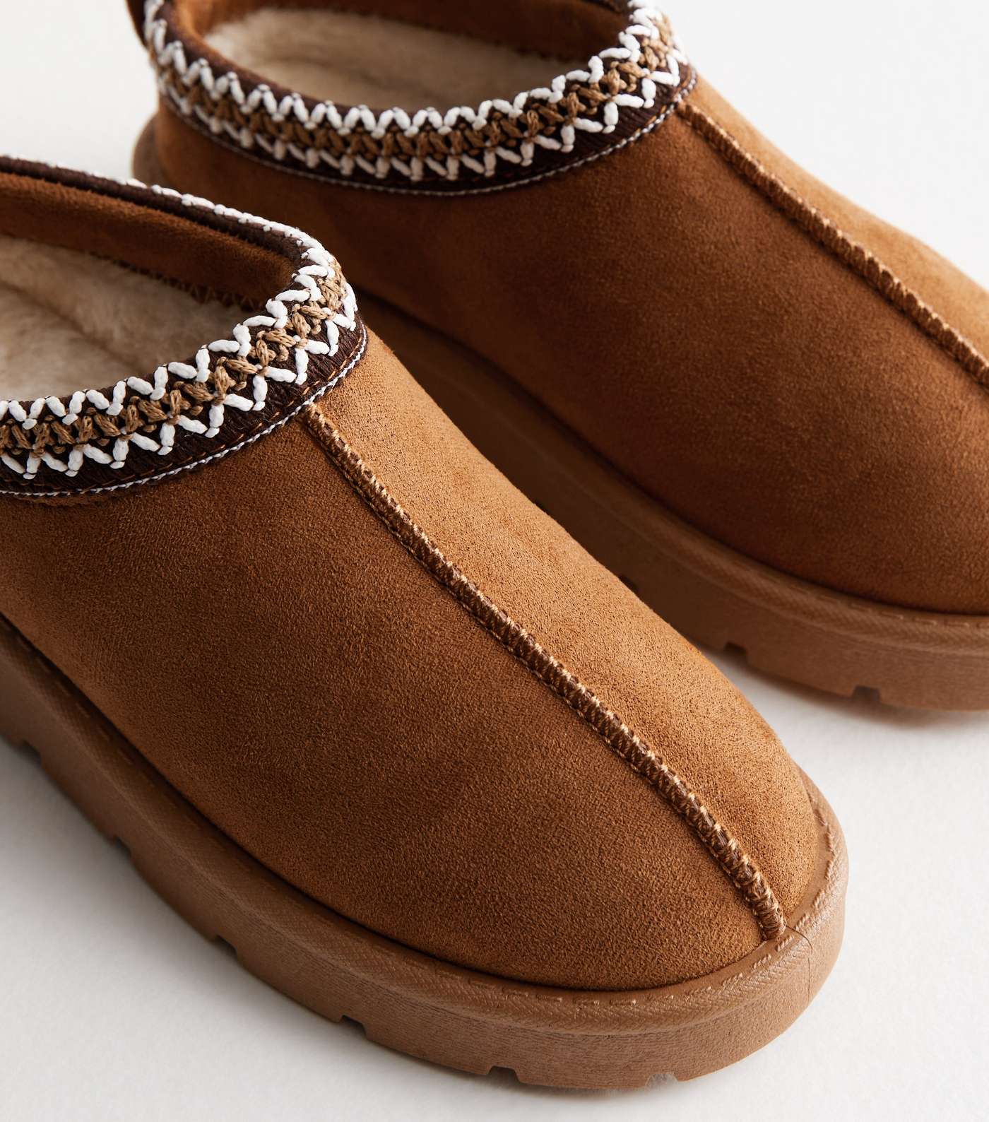 Truffle Tan Suedette Embroidered Trim Slippers Image 3