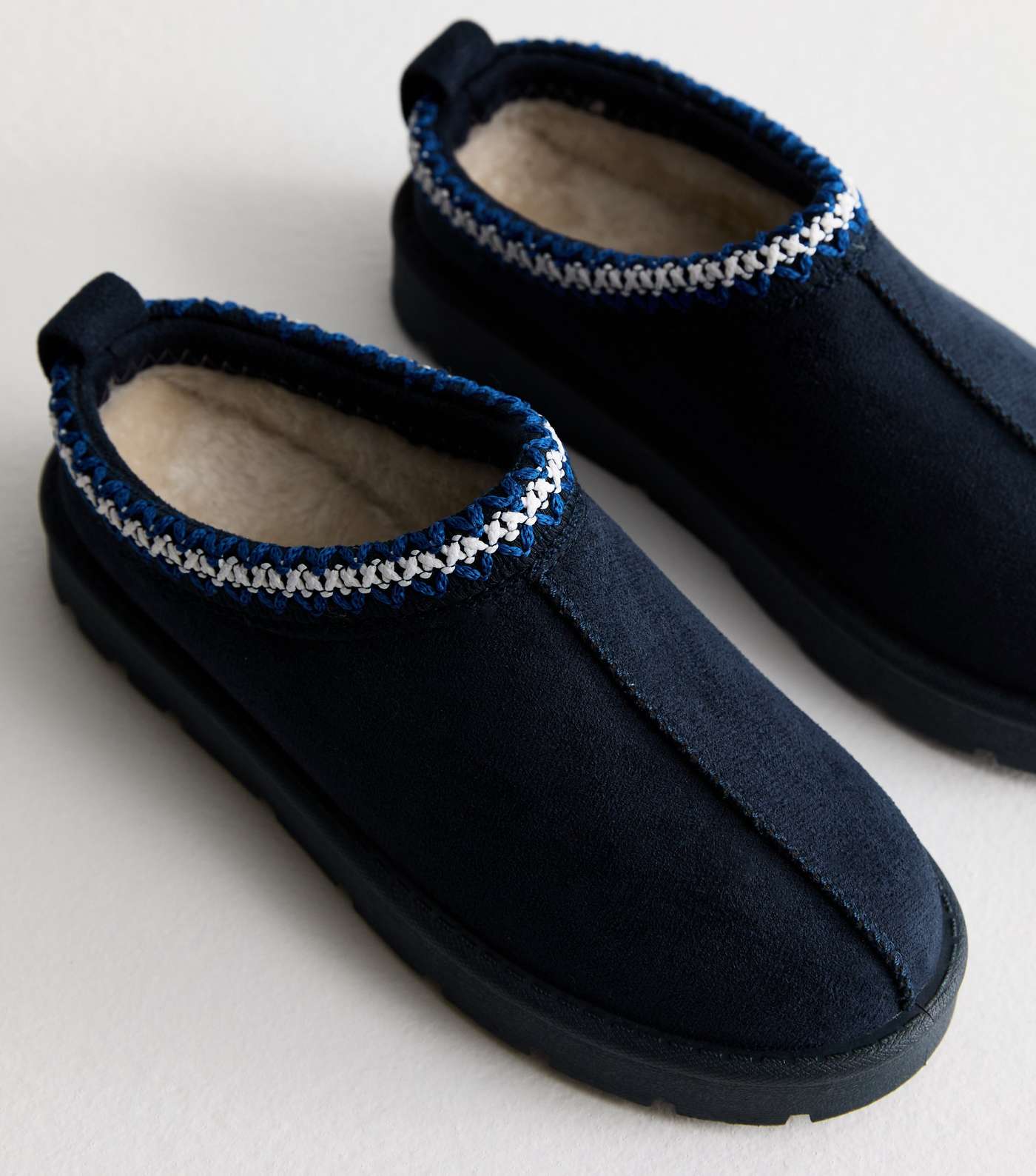 Truffle Navy Suedette Embroidered Trim Slippers Image 2