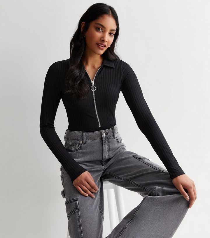 Ribbed Zipper Long Sleeves Bodysuit