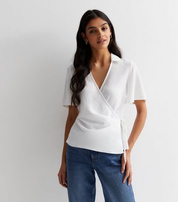 White wrap top sales short sleeve