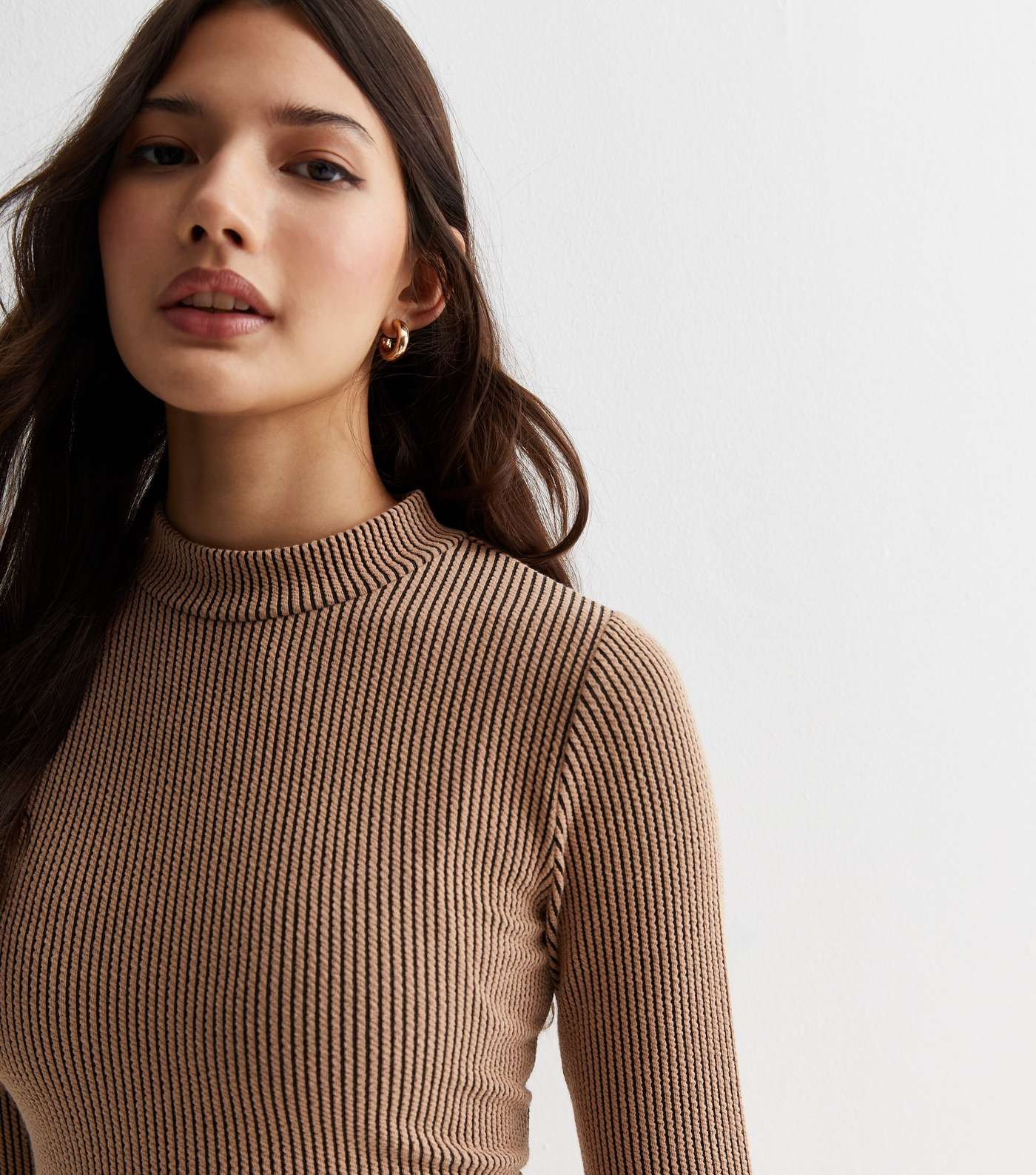 Camel Ribbed High Neck Top Image 2