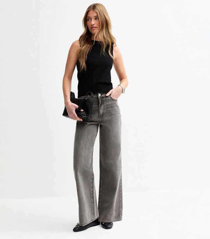 Washed Grey Adalae High-Waist Wide Leg Jeans