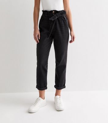 Petite Washed Black Paperbag High Waist Dayna Tapered Jeans