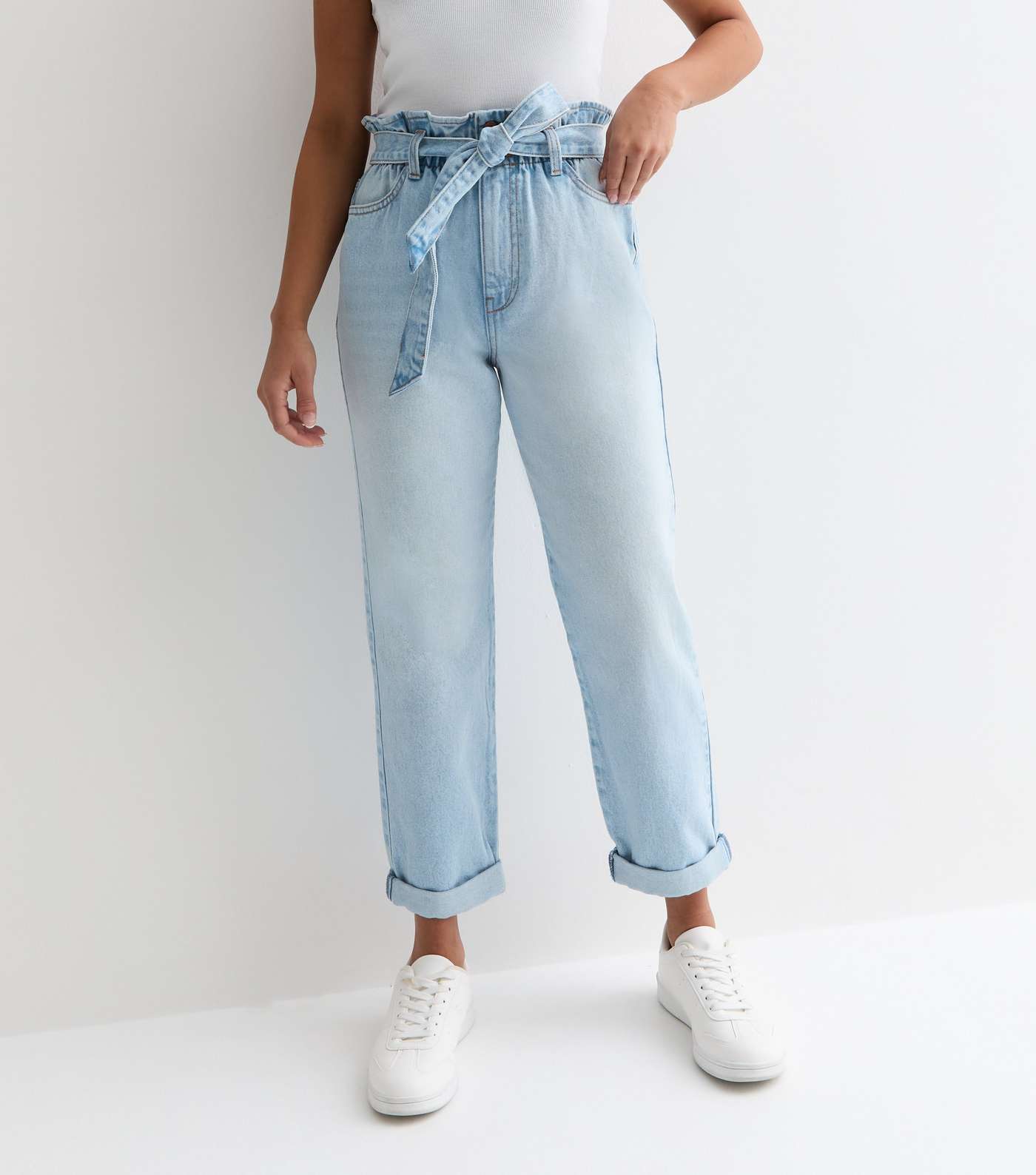 Petite Bright Blue Paperbag High Waist Dayna Tapered Jeans Image 3