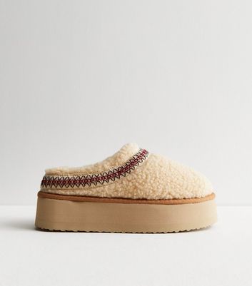 Truffle Off White Borg Flatform Slipper Boots | New Look