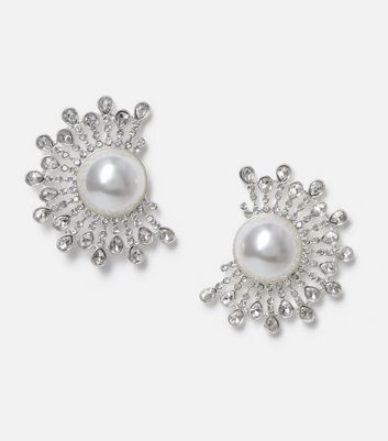Freedom Silver Faux Pearl and Diamante Burst Stud Earrings New Look