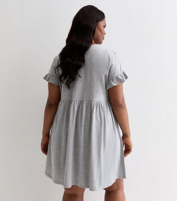 Curves Pale Grey Short Frill Sleeve Mini Smock Dress New Look