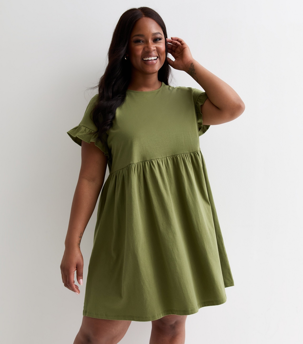 Women's Plus Size Khaki Short Frill Sleeve Mini Smock Dress Curves New Look