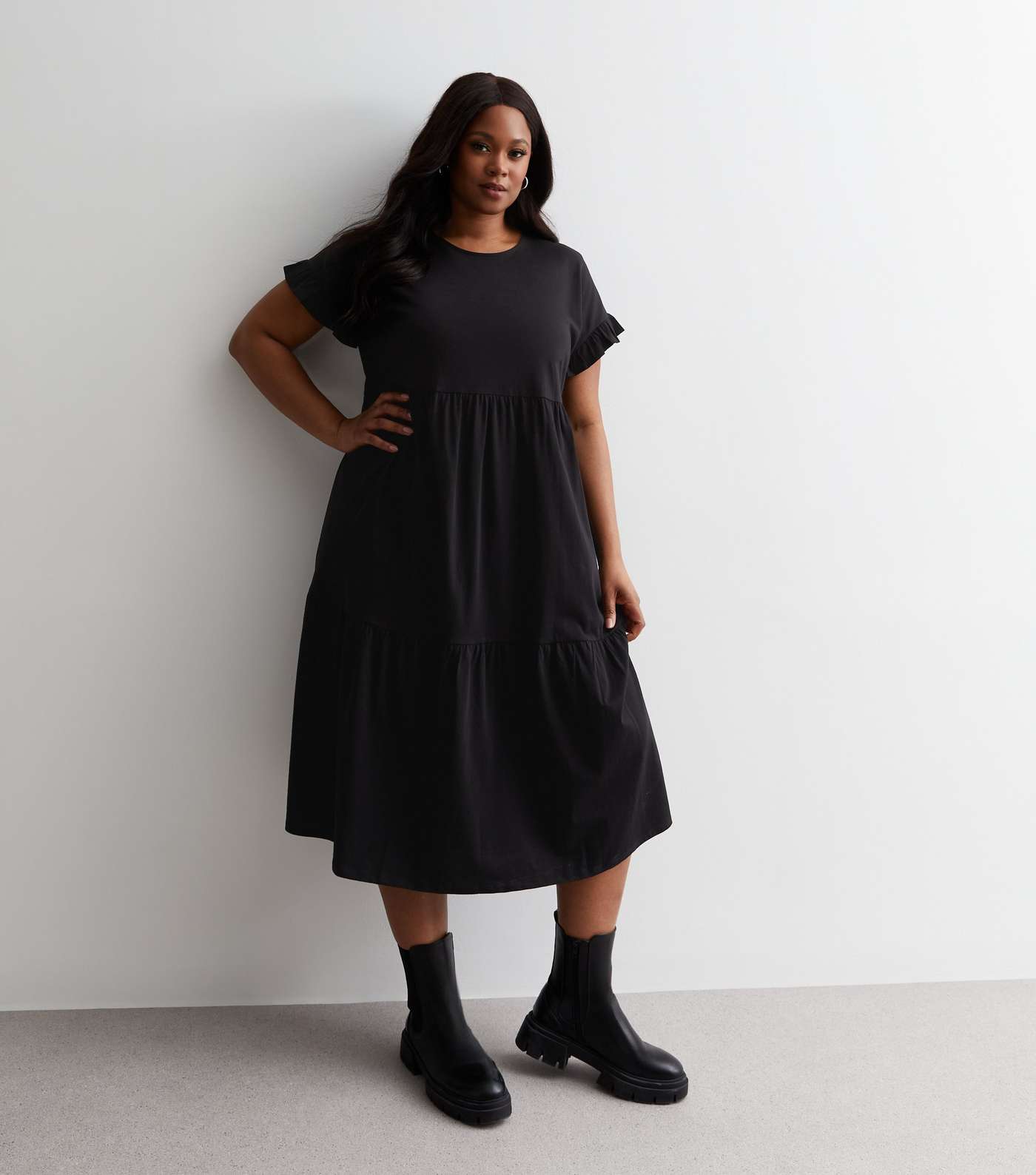 Curves Black Cotton Tiered Midaxi Dress Image 3