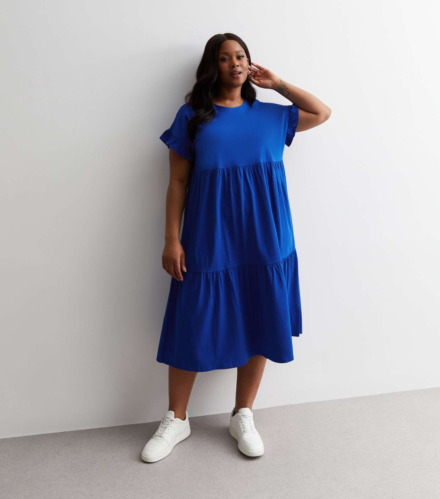 Curves Blue Cotton Tiered Midaxi Dress Image 3