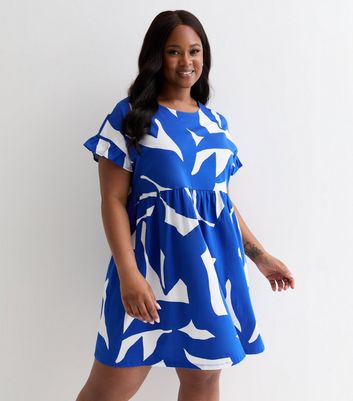 Curves Blue Abstract Print Short Frill Sleeve Mini Smock Dress New Look