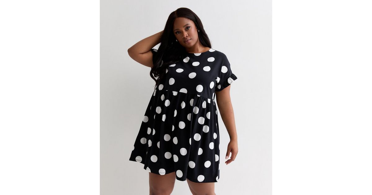 Curves Black Spot Print Short Frill Sleeve Mini Smock Dress | New Look