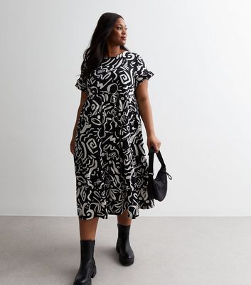 Curves Black Graphic Print Cotton Tiered Midi Dress New Look