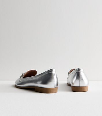 Silver Leather-Look Snaffle Trim Loafers New Look