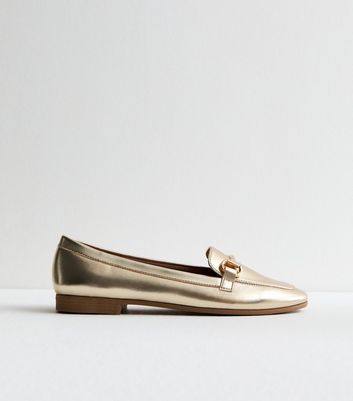 Gold Leather-Look Snaffle Trim Loafers New Look