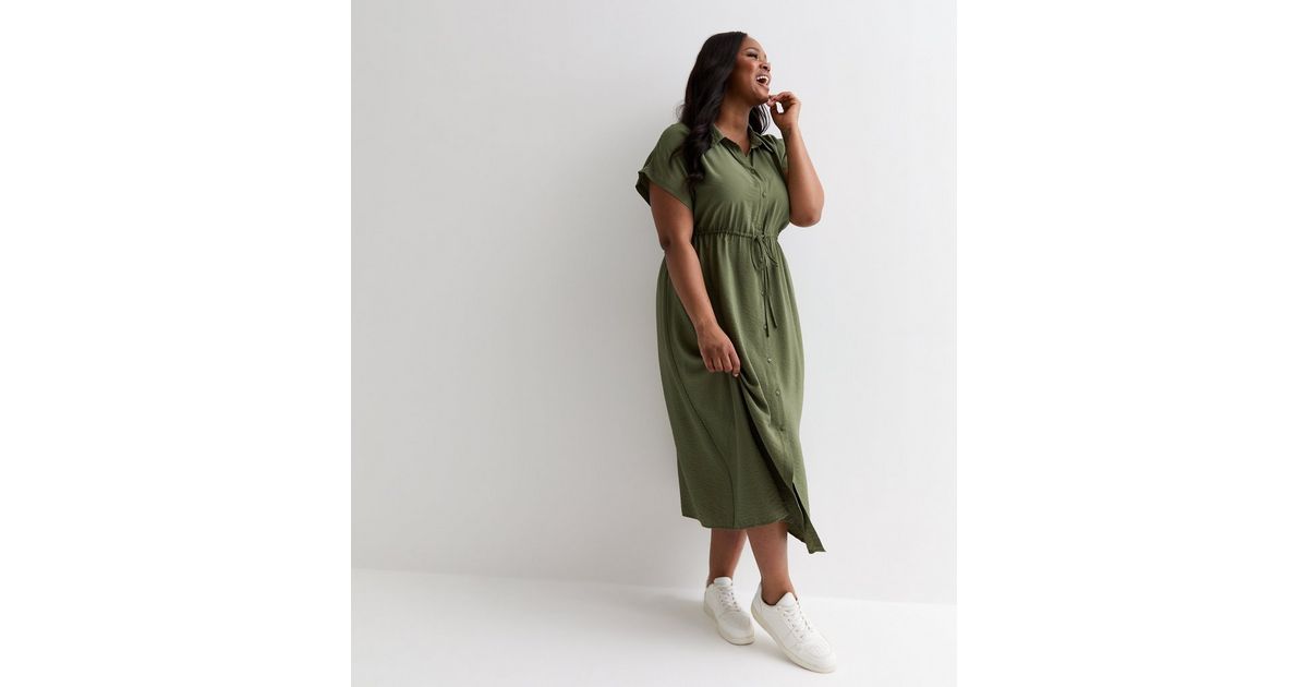 Curves Khaki Short Sleeve Drawstring Midi Shirt Dress New Look