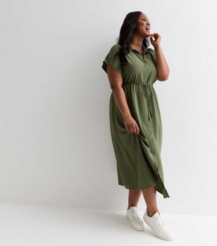 Curves Khaki Short Sleeve Drawstring Midi Shirt Dress